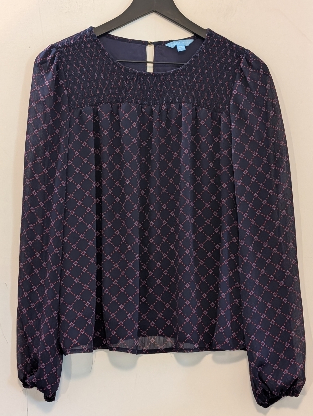 Draper James Smocked Yoke Blouse Medium Navy Geometric Long Sleeve Top Flowy